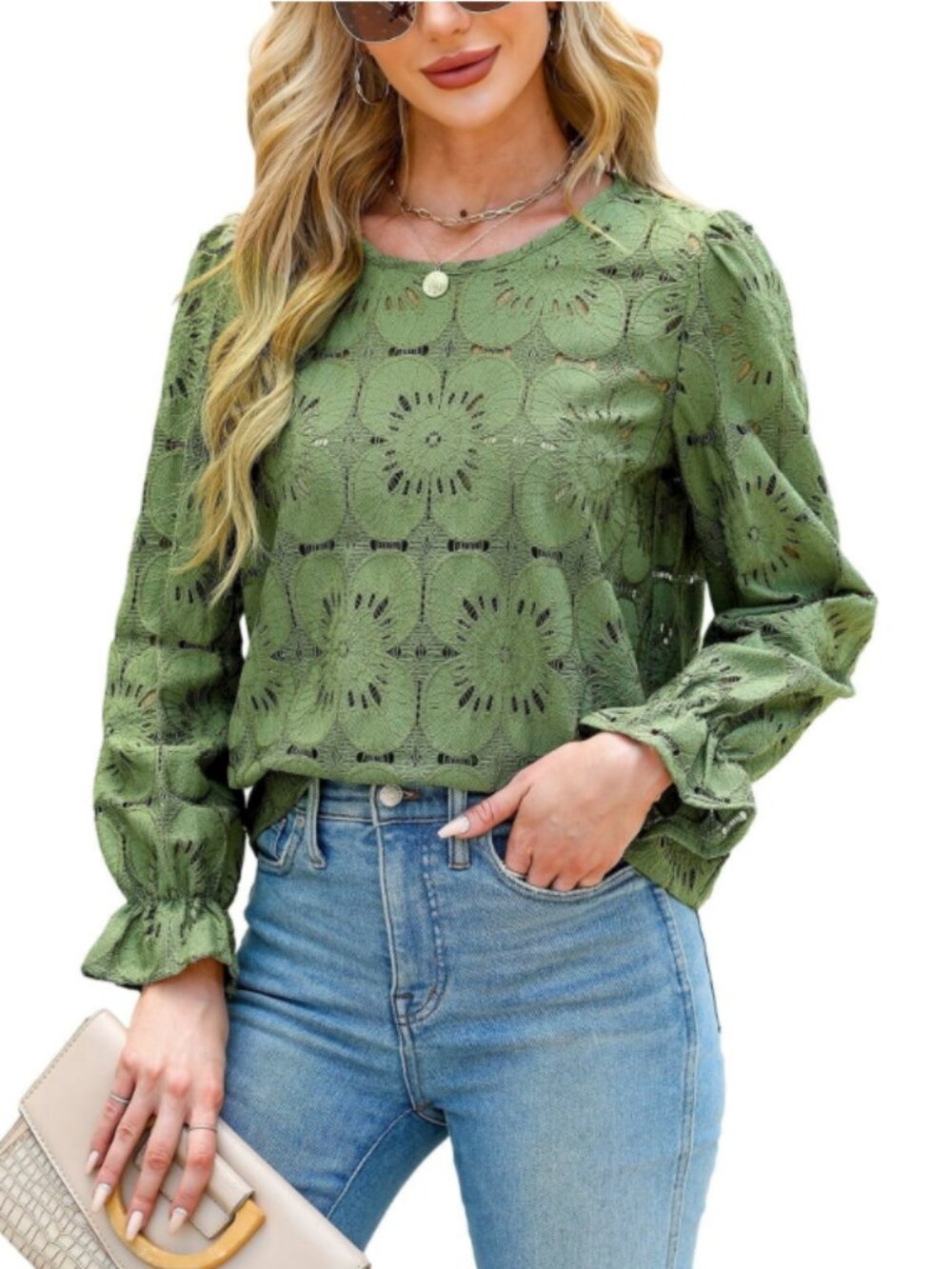 Women's Eyelet Long Sleeve Top Hollow Out Crochet Lace Embroidered Blouse Green